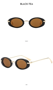 Front and side views of vintage oval sunglasses with black frames and tea lenses