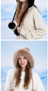 Dettaglio del cappello invernale di peluche con paraorecchie e pompon in nero e marrone