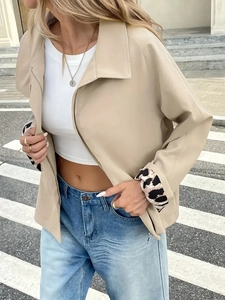 Women's khaki utility jacket with leopard print cuffs and zipper in street style