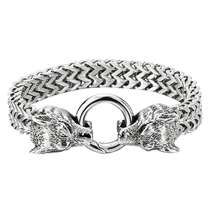Mens vintage stainless steel wolf head chain bracelet with woven silver finish links