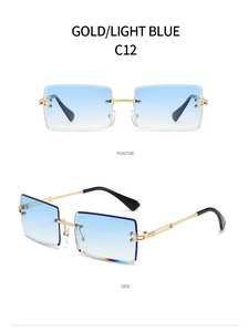 Frameless square sunglasses with gold metal frame and light blue gradient lenses