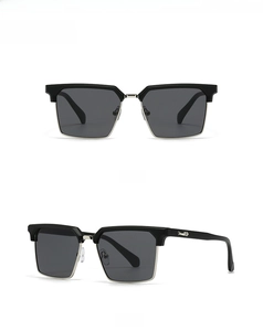 Front and side view of men's black semi-rimless Clubmaster sunglasses with dark lenses