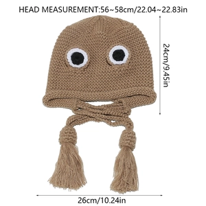 Detailed size chart for brown frog knitted hat with eye design and tassels dimensions
