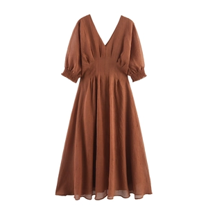 Women V Neck Maxi Dress High Waist Pleated Textured Polyester Solid Color Lantern Sleeve Smocked Cuffs Casual Elegant