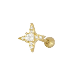 Macro shot of 925 silver gold-plated star cartilage stud with sparkling pavé cubic zirconia