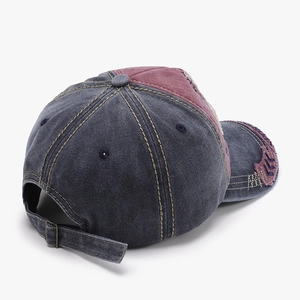 Retro washed grey and red patchwork baseball cap with V-shaped embroidery and adjustable buckle