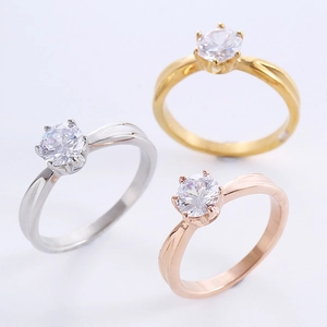 Stainless Steel Ring Round Cubic Zirconia Six Prong Classic Elegant Crown Design Solitaire Jewelry For Women Fashion Commute