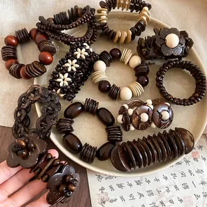 Vintage Wood Bead Bracelet Coconut Shell Ethnic Handmade Elastic Bangle For Men Retro Boho Style