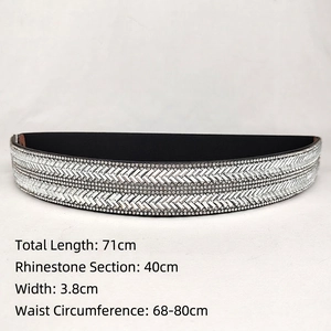 Women's black elastic waist belt with silver rhinestones and geometric pattern detail