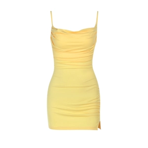 Sexy yellow bodycon mini dress with tube top straps and pleated details for summer fashion