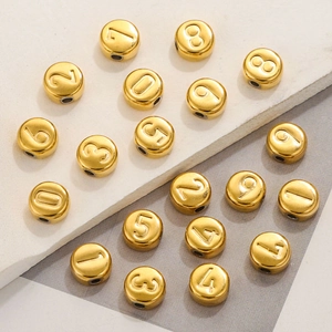 Golden stainless steel round beads with engraved numbers 0-9 for DIY jewelry making
