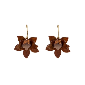 Elegant gardenia-inspired brown resin flower earrings with gold metal hooks on white background