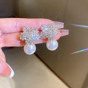 Snowflake Flower Artificial Pearl Drop Earrings With Cubic Zirconia And 925 Sterling Silver Earring Post Elegant Accessory For Women