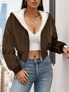 Women's dark brown hooded jacket with white fleece lining and front zipper detail