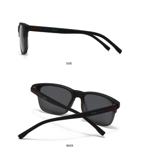 Detail of matte black sunglasses with decorative stripe on temples shown from side and back