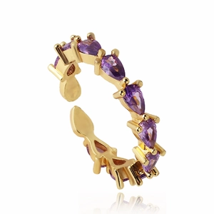 Gold plated open ring with sparkling teardrop purple zircon stones in a row design