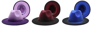 Detailed views of multi-color gradient fedora hats with wool felt texture and inner lining