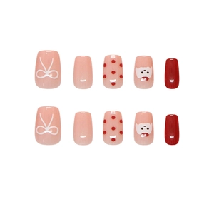 Pink and red press-on nails set with cartoon dog patterns and white bow designs