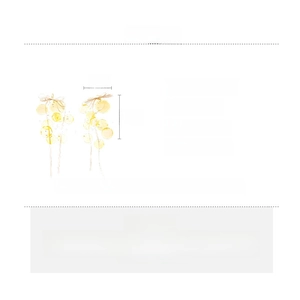 Detailed spec sheet showing yellow shell bow earrings with dimensions and material info