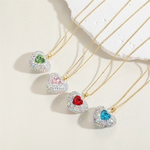 Colorful heart-shaped zircon pendant necklaces in red, blue, pink, and green with gold chains