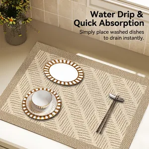 Absorbent faux linen dish drying mat with beige herringbone weave for kitchen countertops