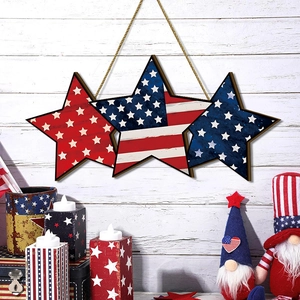 Independence Day Wooden Star Hanging Decor Rustic Patriotic Stars And Stripes Poplar Wood Wall Sign With Hemp Rope
