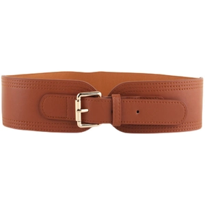 Detail of brown wide elastic waist belt with gold square buckle and fine stitching