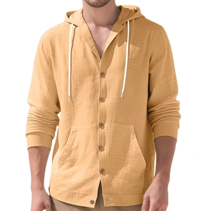 Men's casual cotton linen hooded shirt jacket in solid yellow with button closure