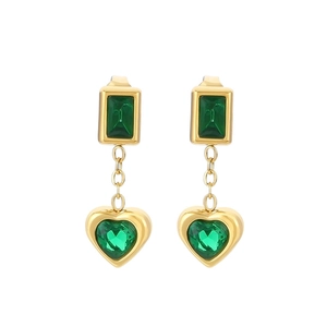 Elegant 18K gold plated heart emerald zircon drop earrings with rectangular stud design