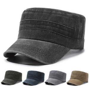 Cadet Cap Washed Cotton Military Hat Flat Top Adjustable Retro Distressed Sun Hat For Men Outdoor Casual Vintage