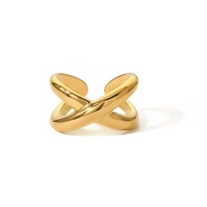 Detailed close-up of 18k gold plated stainless steel cross ring with mirror finish
