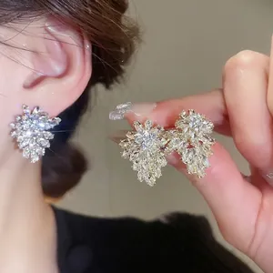 Elegant Leaf Cluster Stud Earrings Made Of Alloy With Silver Earring Post Sparkly Rhinestone Fashion Jewelry For Women