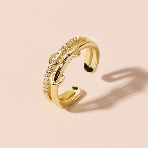 Minimalist double-layered gold open ring with sparkling heart-shaped crystals and diamonds