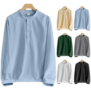 Mens Henley Shirt Linen Blend Long Sleeve Stand Collar Casual Solid Color Loose Fit Lightweight Breathable Tops