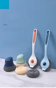 Detail of ergonomic long-handle kitchen cleaning brush with nano-fiber scrubber ball