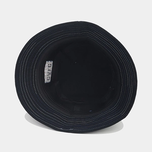 Classic black denim bucket hat interior view showing high-quality stitching and brand label