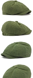 Detailed views of a dark green herringbone newsboy cap from multiple angles