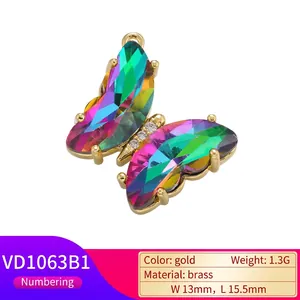 Exquisite 18K gold plated brass butterfly pendant with colorful gemstones for DIY jewelry