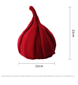 Detail view of red knitted hat showing 22cm width and 23cm height dimensions