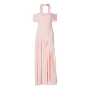 Detail view of pink off-the-shoulder maxi dress with elegant high side slit design