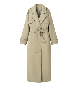 Detail of light khaki wool coat with double-breasted buttons and matching waist belt