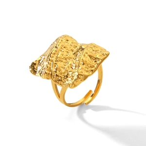 Adjustable golden stainless steel open ring with handcrafted hammered texture finish