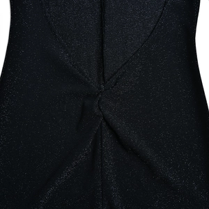 Detail of the navy blue sparkling fabric with knit texture and gathered seam design