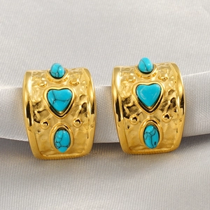 18K gold plated stainless steel hoops with turquoise heart and vintage hammered texture