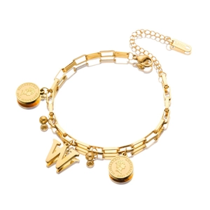 Golden stainless steel chain bracelet with Elizabeth II coin and letter W pendant
