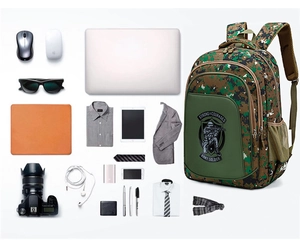 Flat lay of camo backpack with laptop, camera, and accessories on white background