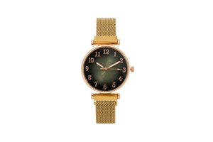 Detail of rose gold fashion watch featuring a green gradient dial and magnetic mesh band