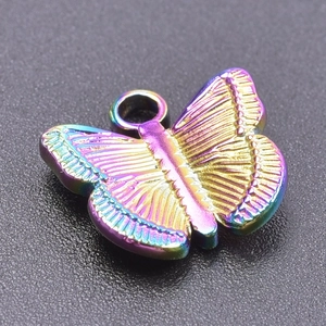 Rainbow butterfly stainless steel pendant charm with iridescent finish on black background