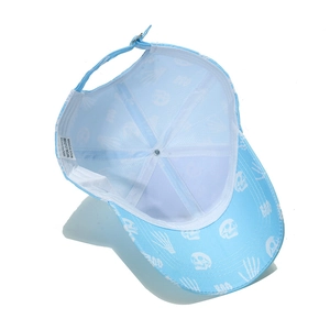 Detail view of light blue baseball cap with white mesh lining and skull print