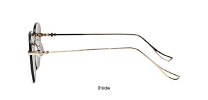 Detail of rimless sunglasses featuring gold metal temples and cross decorative accents